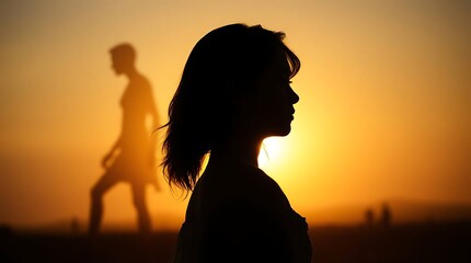 Silhouette woman sunset beachside, another figure