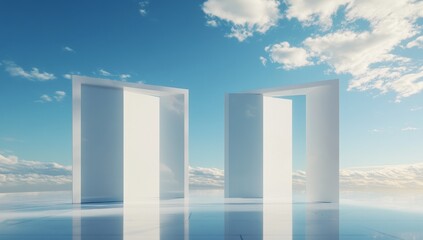 Open doors to a bright sky over a cloud-filled horizon