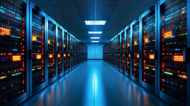 A secure server room with rows of glowing data servers and moving LED lights in a dark environment