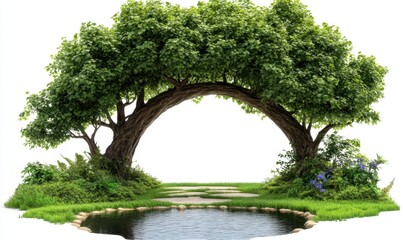 Fototapeta premium Arched tree path by pond in a green garden setting, ideal for backgrounds