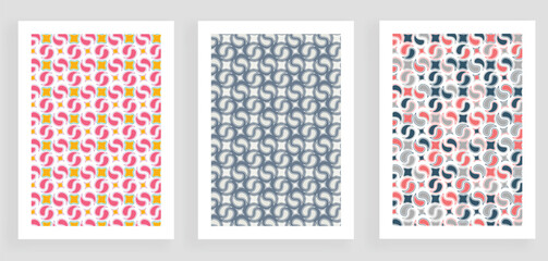 Retro geometric pattern background, vector abstract circle, triangle and square lines art. Yellow, blue, red and green color, trendy bauhaus pattern backgrounds set 