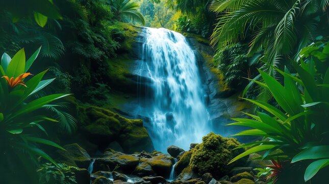 Tropical Waterfall Cascading Through Lush Green Forest,tropical waterfall, jungle waterfall, lush greenery, rainforest waterfall, scenic nature, exotic landscape, water cascade, vibrant foliage, 
