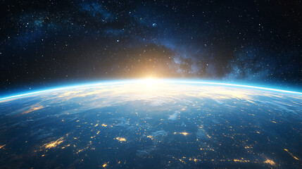 Celestial sunrise over earth space digital art cosmic environment aerial view inspirational concept