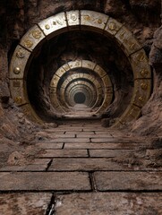 Mysterious ancient tunnel with stone rings.