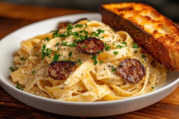 Fototapeta premium Delicious fettuccine alfredo with sausage and garlic bread on a wooden table.