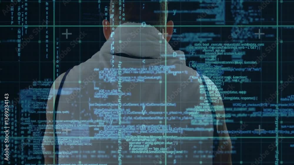 Poster facing digital code and data projections, person in hoodie using animation software