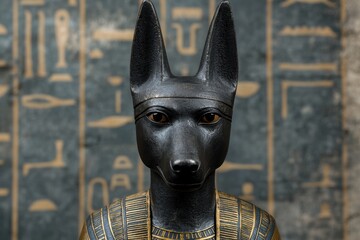 Close up of an Anubis statue with hieroglyphs in the background.