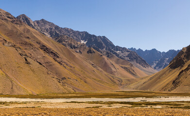 Panoramic View of an Andean Mountain Valley Near Embalse El Yeso