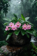 Pink orchids bloom in a lush, rainy forest.