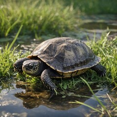 Obraz premium A baby turtle crawling out of a pond onto a soft grass bank.
