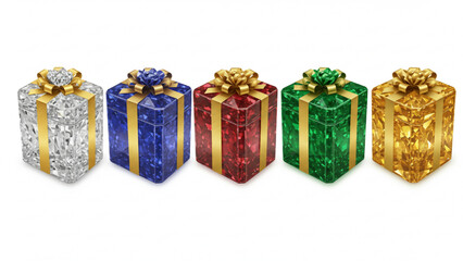 Gift Box-shaped ornament made of five colored gems with gold ribbon. Recommended for designing Christmas ads, websites, and catalogs with a sense of luxury and glamour. Vector data.