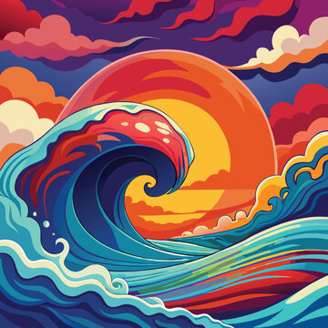 Colorful abstract wave pattern with spiral shapes and ocean-inspired design