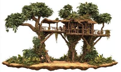 Fototapeta premium Jungle treehouse with people, isolated island setting, ideal for adventure stories