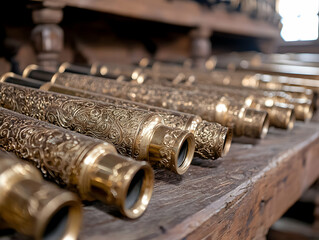 Ornate Brass Telescopes on Wooden Shelf