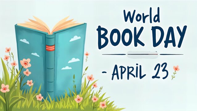 A teal book open in a spring meadow celebrating World Book Day on April 23rd with a whimsical, hand-drawn style.