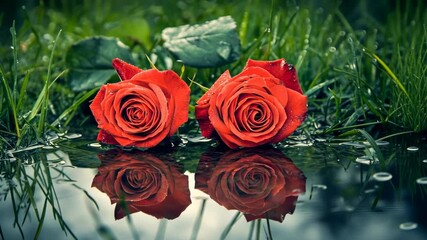 Beautiful red roses reflect in a tranquil pond surrounded by lush green grass after a gentle rain - Powered by Adobe