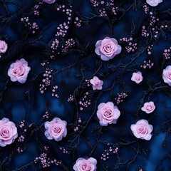 pink roses and embroidered frosted vines, forming a delicate lace-inspired ditsy patten on denim

