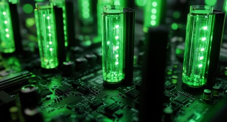 Futuristic circuit board with glowing green components