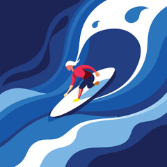 Cartoon dolphin jumping in the water with a boy surfing on a wave at the beach