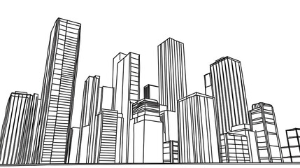 A city skyline with tall buildings and a clear blue sky