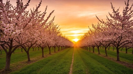 A Blossom-Filled Orchard Under a Warm Sunset: Rows of Trees in Full Bloom Lead Towards a Golden Horizon.