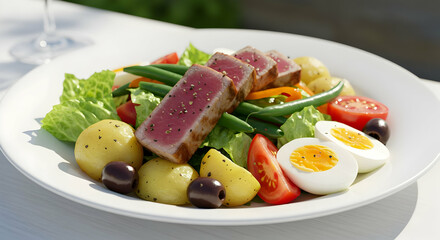 Fresh Tuna Salad Plate With Vegetables And Eggs