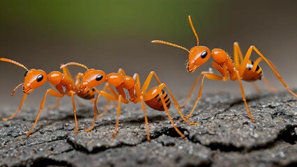 Fototapeta premium Orange Ants Walking on Bark Surface in Close Up Macro Photography