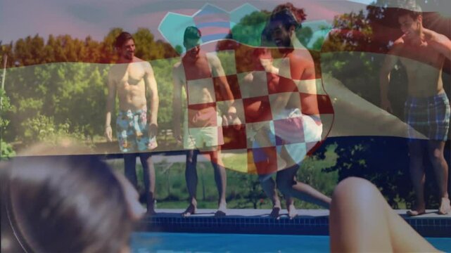 Poolside animation with Croatian flag overlay, people swimming and relaxing