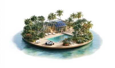 Fototapeta premium Tropical island getaway with modern glass house, pool, lush vegetation, and buggy