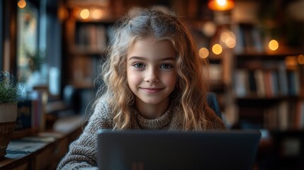 A young student excitedly engages with an AI-driven study platform on their laptop. Floating notes, vibrant bookshelves