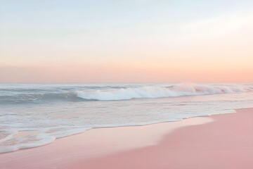 Fototapeta premium Tranquil Embrace of Waves on Pastel Pink Shores: A Minimalist Coastal Reverie