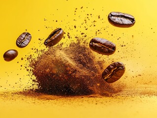 Commercial photography, powerful dark powder explosion, coffee beans, yellow background