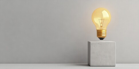 A glowing light bulb sits atop a minimalist concrete pedestal against a gray wall, symbolizing creativity and inspiration.
