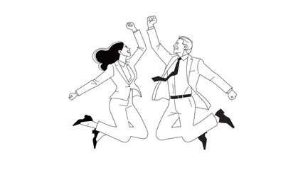 Two businesspeople jumping up and down, senior man and young woman with triumphant pose