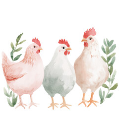 Fototapeta premium Watercolor chickens and leaves in a gentle pastel palette