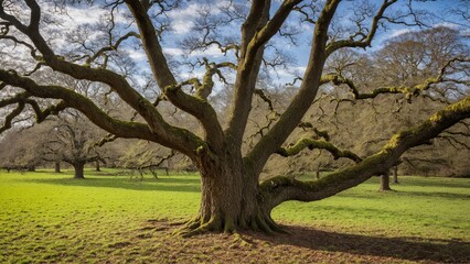 Obraz premium Majestic Oak: A Sprawling Sentinel Overlooking a Vibrant Green Meadow under a Partially Cloudy Sky on a Bright, Sunny Day.