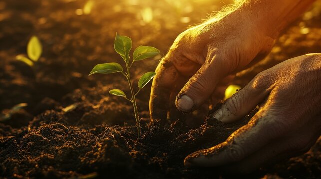 Hands unite planting a sapling in golden sunlight