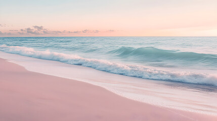 Obraz premium Tranquil Embrace of Waves on Pastel Pink Shores: A Minimalist Coastal Reverie