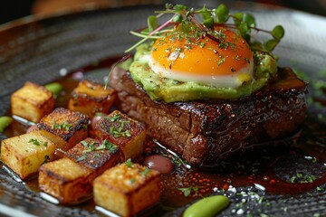 Colombian Bandeja Paisa elements deconstructed, gourmet beef, red beans pure, avocado gel, fried egg quenelle,