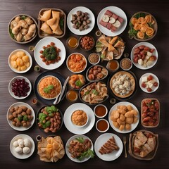 Top view of a table full of delicious food composition