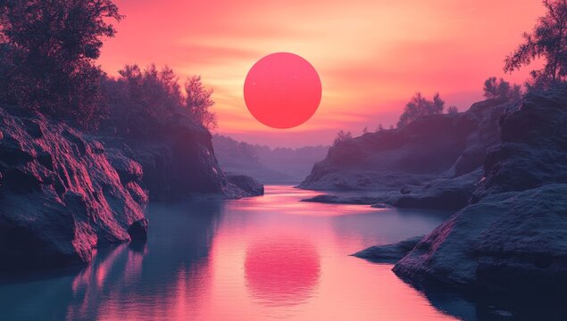 Pink Sunset Over Canyon River Gorge