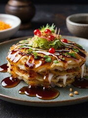 attractive okonomiyaki close-up on a beautiful plate arrangement portrait