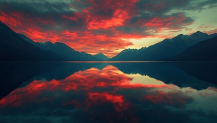 Naklejka premium Fiery Sunset Reflecting on Calm Lake, Majestic Mountains