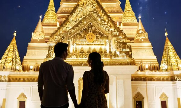 Couple at Night in Front of Illuminated Temple