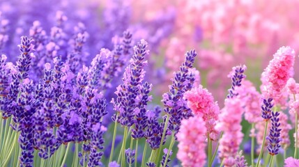 Naklejka premium Dreamy pastel flower field with soft-focus pink and lavender blossoms.