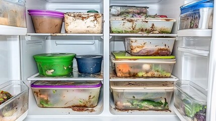 Messy, dirty refrigerator interior filled with food containers