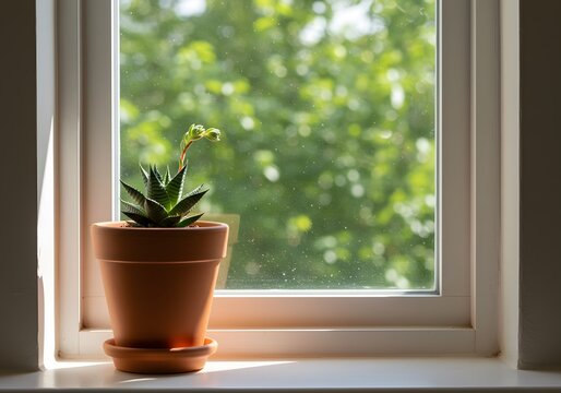 Fototapeta Elegantly placed succulent plant by the window in a sunny setting enhancing indoor ambiance. A small succulent plant in a terracotta pot sits on a windowsill