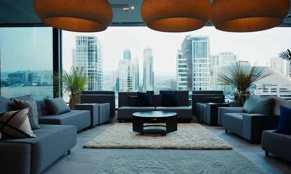 Modern lounge area in an urban space with comfortable seating options