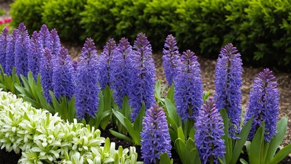 Obraz premium A Beautiful Display of Purple Hyacinths Blooming in Spring, Alongside a Textured Ground Cover, Creating an Eye-Catching Contrast of Colors.