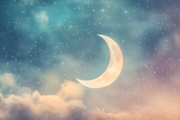 Celestial Tranquility: Crescent Moon Illuminating a Pastel Night Sky Adorned with Stars